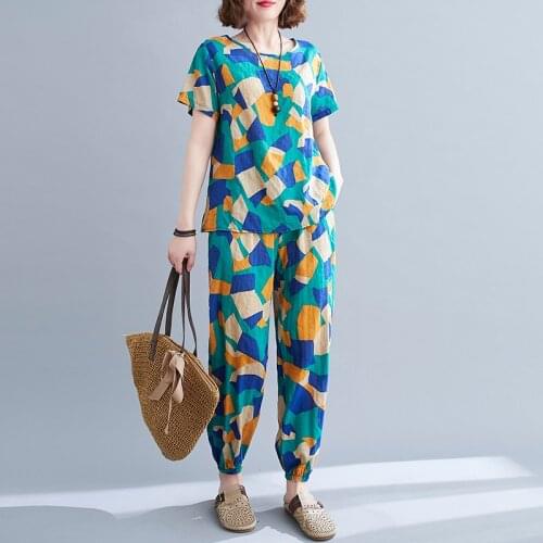 Print Floral Vintage Womens Clothes Set Thin Soft Cotton Satin Loose Summer Casual Set Tops Harem pants Two Piece Women Suits