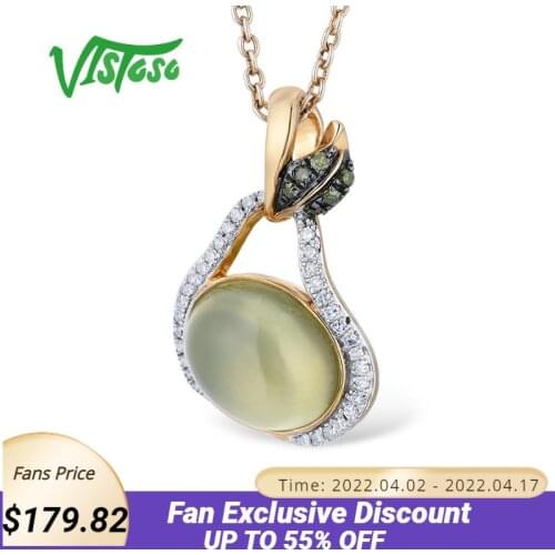 VISTOSO Gold Pendants For Women Genuine 14K 585 Yellow Gold Green Grapes Natural Prehnite Sparkling Diamond Wedding Fine Jewelry