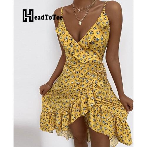 Floral Print Spaghetti Strap Ruffles Summer Dress Women Sleeveless Casual Vacation Beach Dress