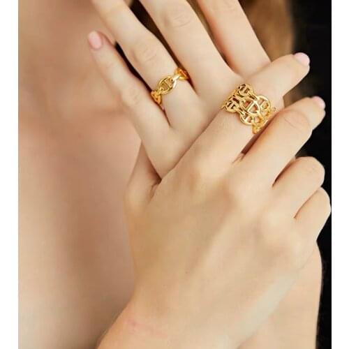 SRCOI Gold Silver Color Width Metal Hollow Open Ring 2020 New Vintage Temperament Adjustable Alloy Rings For Women Party Jewelry