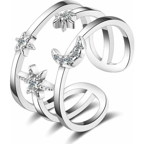100% Real Pure 925 Sterling Silver Crystal Moon Star Double Layer Rings for Women Ladies Statement Jewelry Wedding Finger Ring
