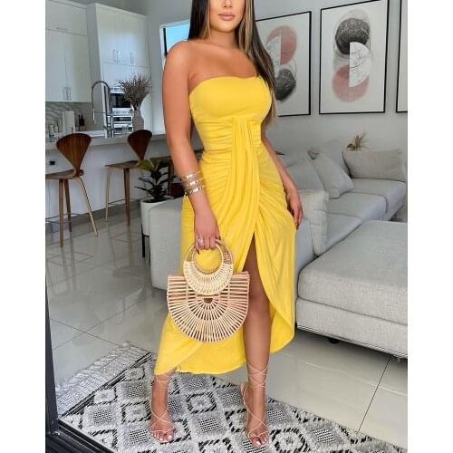 2021 Holiday Wear Summer Casual Off Shoulder High Slit Boho Style Asymmetric Womens Maxi Dresses Femme Solid Sexy Robes Lounge