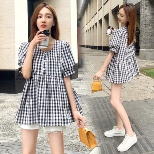 5610# 2021 Summer Plaid Maternity Blouses Cute Lovely Tunic Clothes for Pregnant Women Loose Pregnancy Shirt Tops