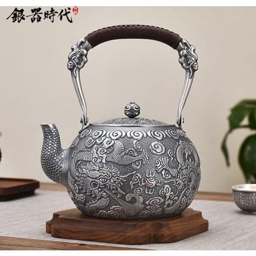 Ag999 Sterling Silver Teapot Hand-Carved Kitchen Utensils Handmade Coffee Tea Pot