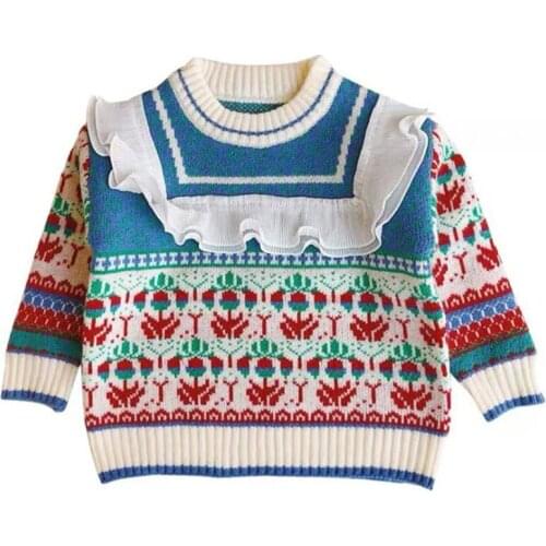 DFXD Children Sweaters For Girls Autumn Winter Long Sleeve Lace Patchwork Knit Pullover Toddler Girls Knitwear Sweater 2-7Yrs