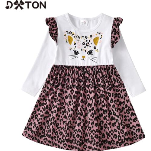 DXTON Children Winter Girls Dress Long Sleeve Autumn Winter Clothes Flying Sleeve Kids Casual Dress Leopard Print Cartoon Dress