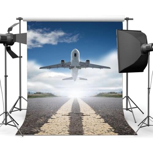 Airplane Take Off Backdrop Blue Sky White Cloud Highway Grass Nature Spring Journey Photography Background