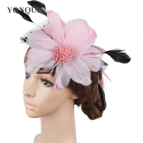 Black Hats Fascinators Headband Accessories With Mesh Fashion Bridal Wedding Party Tea Headdress Girls Feather Headwear MYQ060