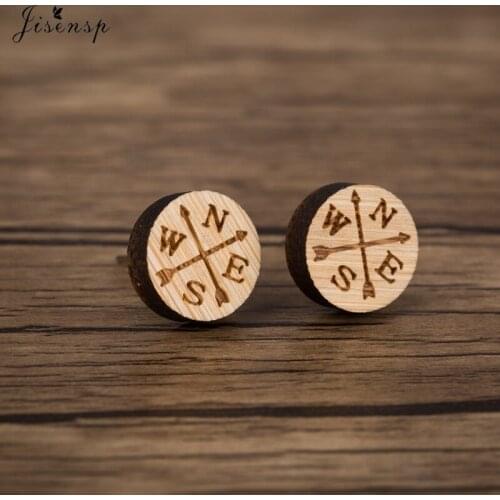 Jisensp Unique Round Compass Wooden Ears Stud Earrings Simple Fashion Geometric Jewelry for Women Traveler Gifts bijoux