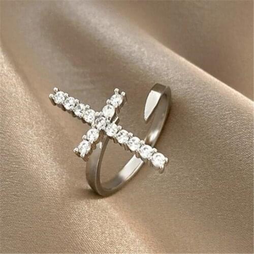 Punk Resizable Open Crystal Cross Ring Hip hop Street Silver Color Ring for Women Nightclub Bar Female Jewelry Accessories