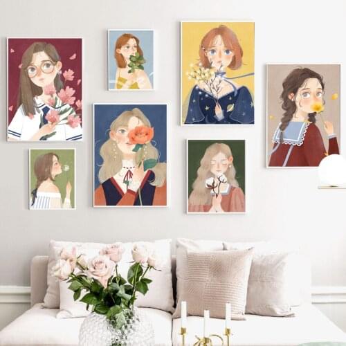 Pretty girl Fresh flowers illustration Wall Art Canvas Painting Nordic Posters And Prints Wall Pictures For Living room Decor