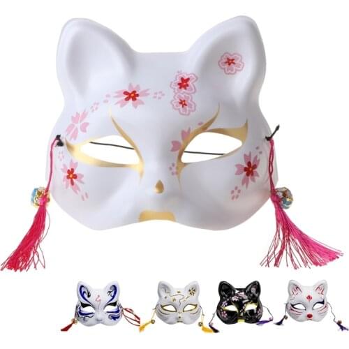 Japanese Animal Cat Half Face Mask with Tassels Small Bells Hand-Painted Cosplay Anime Masquerade Party Dress Up
