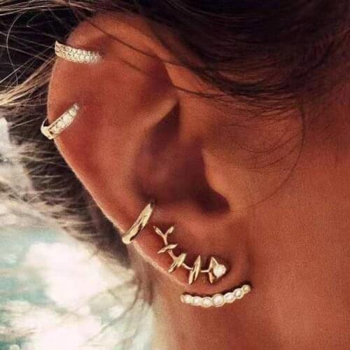 Fashion Personality Womens Earrings Creative Full Diamond Rear Hanging Fish Bone Ear Clip Four-Piece Set 2021 Trend Party Gift