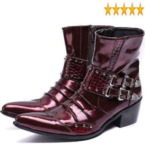 Pointed Gothic Punk Toe Men Buckle Rivet Biker Block Heels Ankle Real Leather Office Dress Shoes Knight Boots
