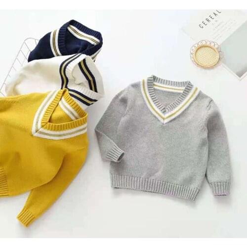 Baby Kids Boys Long Sleeve V-neck Pure Color Knit Sweater Spring Autumn Baby Boys Pullover Sweaters Childrens Clothes