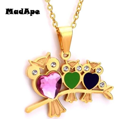 MadApe Cute Owl Pendant Necklace With Zircon Sweater Chain Stainless Steel Choker Necklace For Women Fashion Gold Color Jewelry
