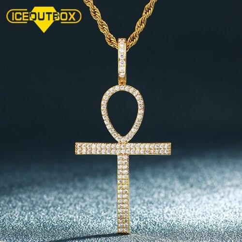 ICEOUTBOX Ankh Cross Pendant Necklace Micro Pave Cubic Zirconia For Women Mens Hip Hop Jewelry Egyptian Style Chain Necklace