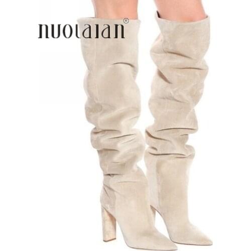 New Brand Women Boots Fashion High Heels Faux Suede Over The Knee High Slouchy Long Boots Winter Female Thigh High Boots Shoes