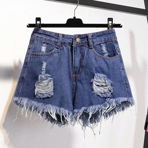 Plus size denim shorts womens summer high waist Korean version of loose plus fat to increase wide leg holes a-line hot pants