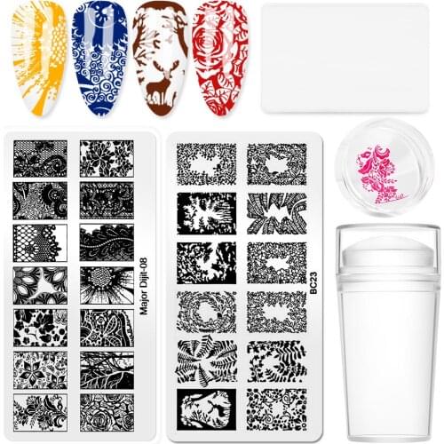 Nail Stamping Plate with Stamp Nail Set Lace Flower Stamping Gel Polish Template Tool For Painting Stencil Craft Manicure Decor