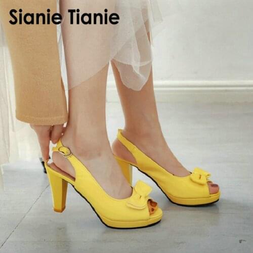 Sianie Tianie 2020 summer patent PU woman high heels yellow blue pink peep toe party shoes womens slingback sandals size 33-45
