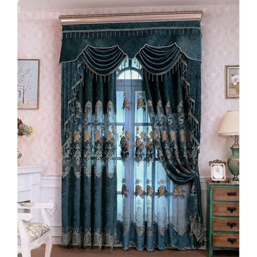 Blue Chenille Hollow Embroidered Blackout Curtain Luxury Living Room Floral Lace Curtains Voile Tulle Window Treatment Drape #30