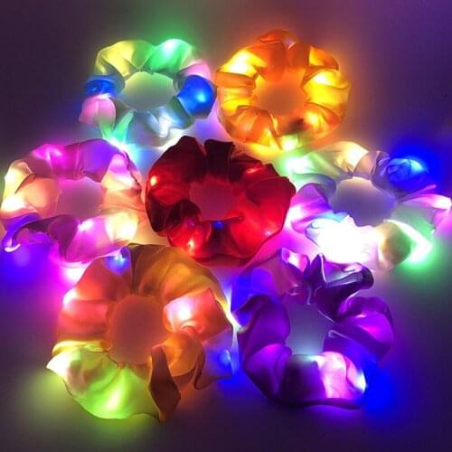 9Pcs/pack Led Luminous Hair Band Satin Scrunchies Elastic Hair Tie Glow Hair Accessories for Halloween Party Christmas Headwear