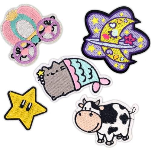Children Kids Iron on Patches for Clothing Embroidery Badges Applique Stickers on Clothes Patch Cartoon Cute Cow Moon Star Cat