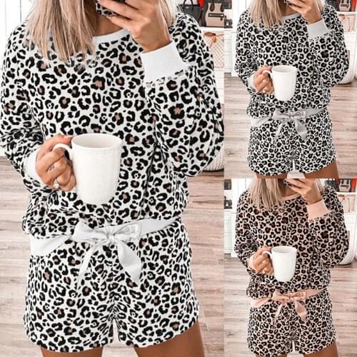 XUANCOOL 2020 Fashion Womens Tracksuit Summer Leopard Print Long-sleeved Pajamas Two Piece Set Home Service Pajama Sets S-2XL