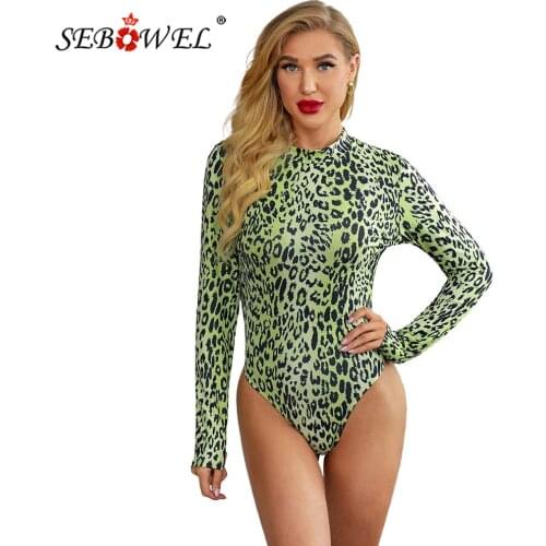 SEBOWEL Autumn Spring Long Sleeve Leopard Print Bodysuit Women Female Sexy Slim Body Top Clothes Lady Bodycon Animal Bodysuits