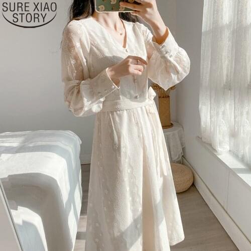 Sweet V-neck Button Lace Up Vintage Lace Dress Women Long Sleeve Bandage Dresses Vestido Feminino A-line High Waist Dress 12919