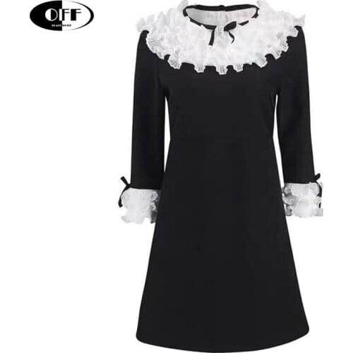 Fashion Mini Dresses Women Spring White Ruffles Collar Flare Long Sleeve Black Dress Elegant Ladies Clothes Vestido De Mujer