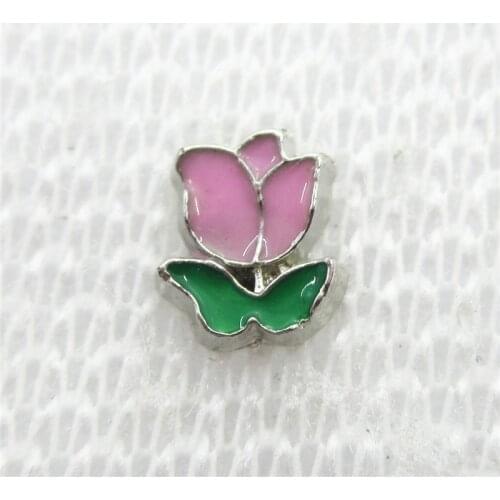 20pcs/lot Pink Tulip Flower Floating Charms Living Glass Memory Floating Lockets DIY Jewelry Charms