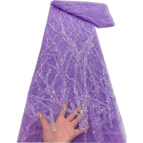 African Lace Fabric High Quality French Cord Embroidery Purple Sequins Tulle Lace Fabric For Nigerian Party Dress FJ-360
