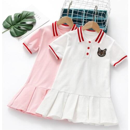White Pink Cat Embroidery Polo Girls' Dress Summer Short Sleeve Cotton Baby Toddler Girl Dresses Preppy European Korean Clothes