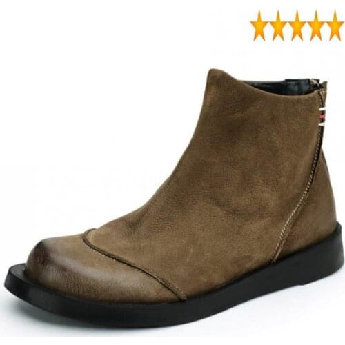 British Men Vintage Work Style Fashion Round Toe Zip Ankle Shoes 100% Real Leather High Top Military Boots Black Khaki