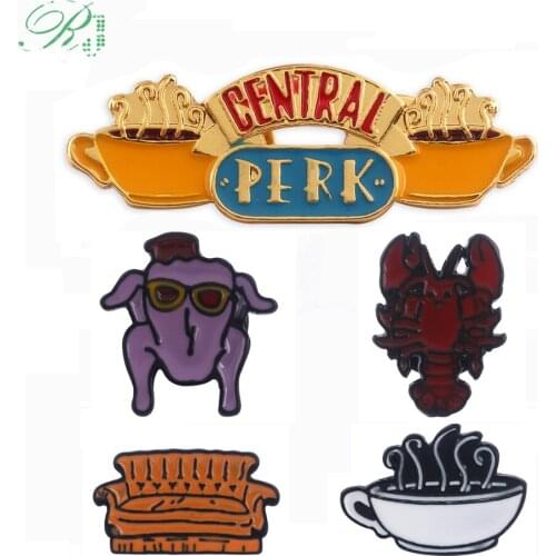 RJ Hot 5 Style TV Friends Brooches Pins Crayfish Sofa Coffee Christmas Turkey Lobster Enamel Badge Coat Jewelry Xmas Gift