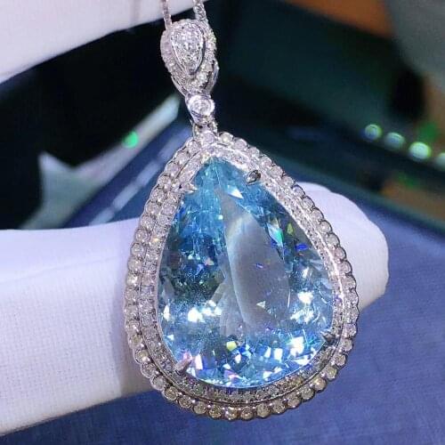 H619 Fine Jewelry 8K White Gold AU750 Natural Blue Aquamarine 14.63ct Gemstones Diamonds Ladys Pendants for Women Fine Necklace