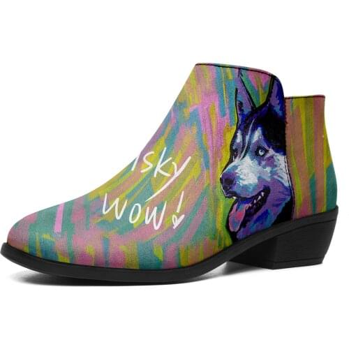Personal Design Drop Shipping Print On Demand Fashion Shoes Colourful Print Low Heel Ankle Zip Short Boots Shoes For Women 2021