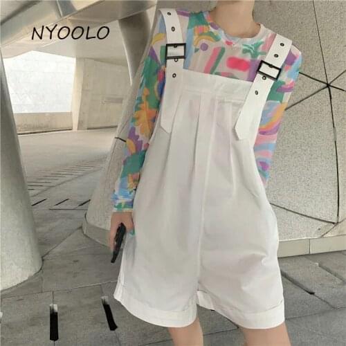 NYOOLO Harajuku Classic Simple Pockets One Piece White Overalls Women Casual Sweet Girlfriend Jumpsuit Baggy Shorts Playsuits