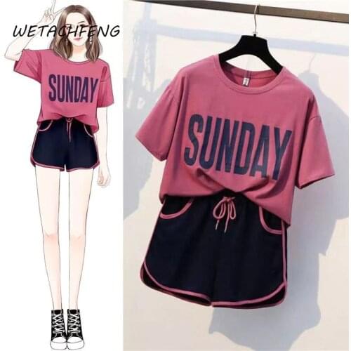 Shorts Suit Female SUNDAY Letter Summer Sweet Korean Outfit Loungewear Shorts And Top Two Piece Sets Plus Size Women Clothing