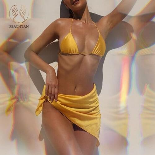 Peachtan Halter triangle bikini 2021 Skirt swimwear women Solid swimsuit womens swimming suit Triangle bathing suit summer sexy