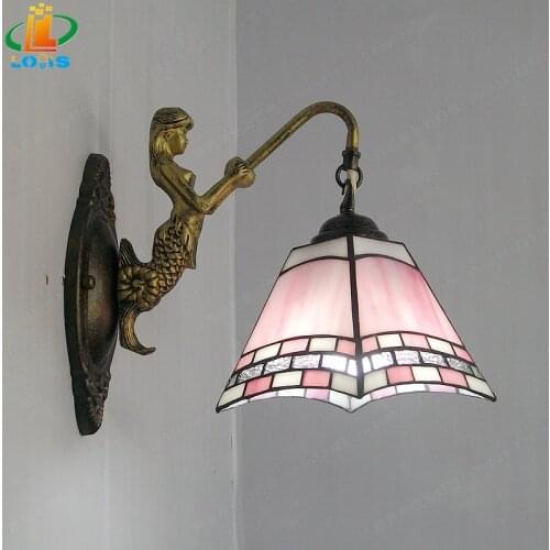 Mediterranean Style Mermaid Square Wall Lamp Tiffany Stained Glass Lamp Bedroom Bedside Backdrop Decorative Lamp Blue Green Pink