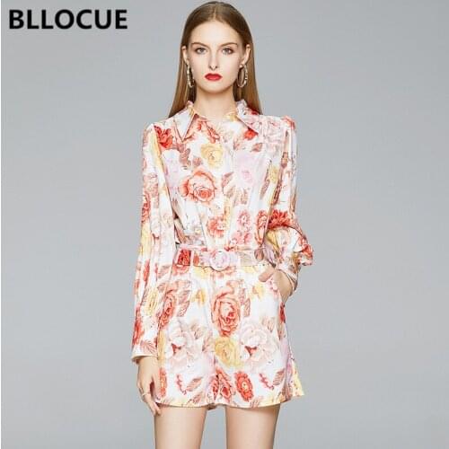 BLLOCUE Summer Fashion Shorts Suit Women Lapel Lantern Sleeve Floral Printed Shirt Top + Belted Shorts Female Two Pieces Set