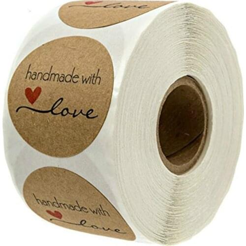 500Pcs Handmade With Love Stickers Round Self Adhesive Kraft Paper Labels Gift Tag Festival Birthday Party Gift Decorations