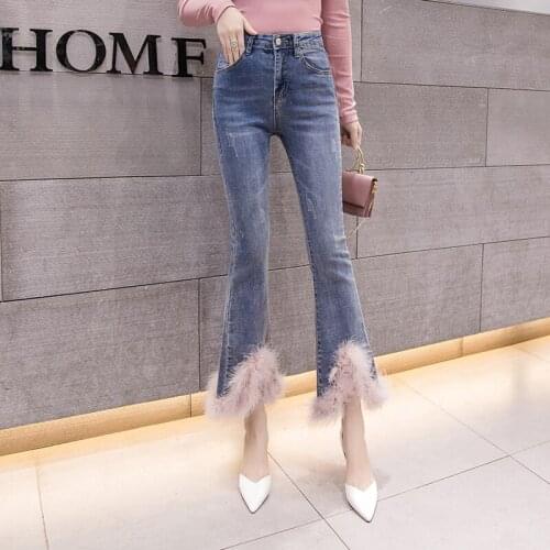 New high waist jeans Flare Patchwork Fur Pants Skinny Denim Pants sexy Slim Elastic Trousers Korean clothes Fashion ladies Jeans