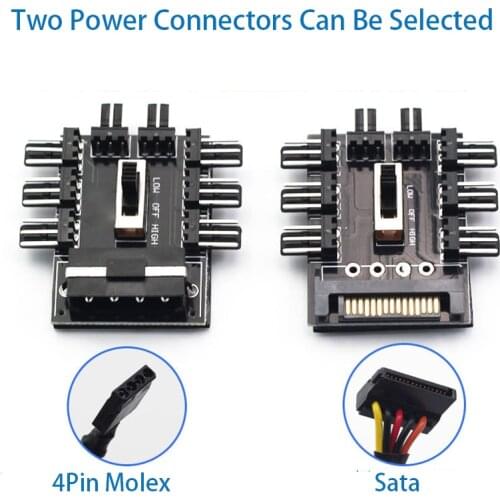 OULLX 1 to 8 3Pin Fan Hub Pwm Sata Molex Splitter PC Mining Cable 12V Power Suppply Cooler Cooling Speed Controller 4PIN Adapter
