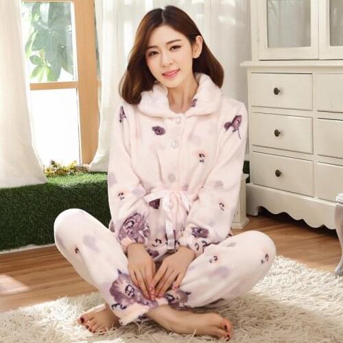 H5705 Pajamas Womens Winter Flannel Thickened Warm Plus Size Nightwear Female Loose Casual Long Sleeve Lapel Sleepwear Suit