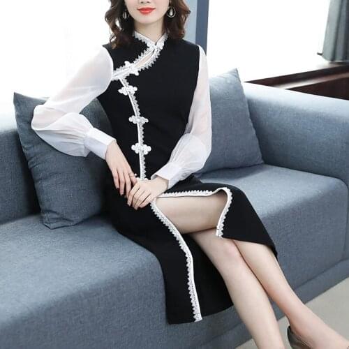 Retro Fashion Patchwork Chinese Style Dress 2020 New Elegant Slim Office Ladies Party Dress Qipao Sexy Split Lady Vestidos K1055