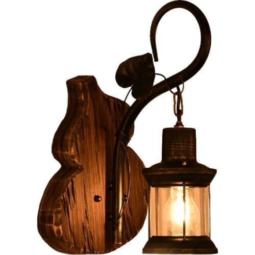 Retro Industrial Wall Sconce Gourd Shape Snack Wine Bar Cafe Decoration Lantern Corridor Yard Antique Wood Wall Lamp